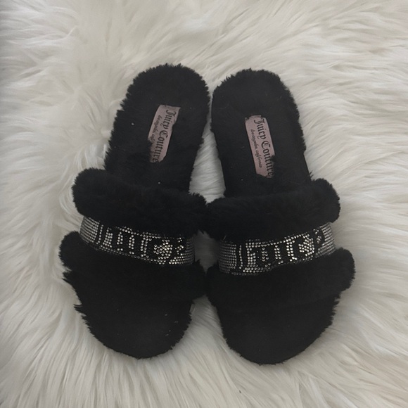 Juicy Couture Black Furry Slippers with Rhinestone Detail - Picture 1 of 3